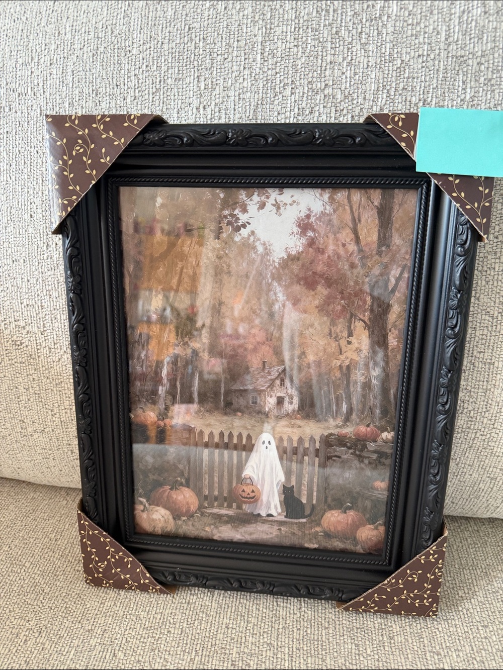 Haunting Ghost With Black Cat and Pumpkins Black Detailed Frame Wall Art